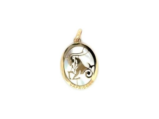18K Yellow Gold Capricorn Zodiac Pendant with Mother-of-Pearl Background